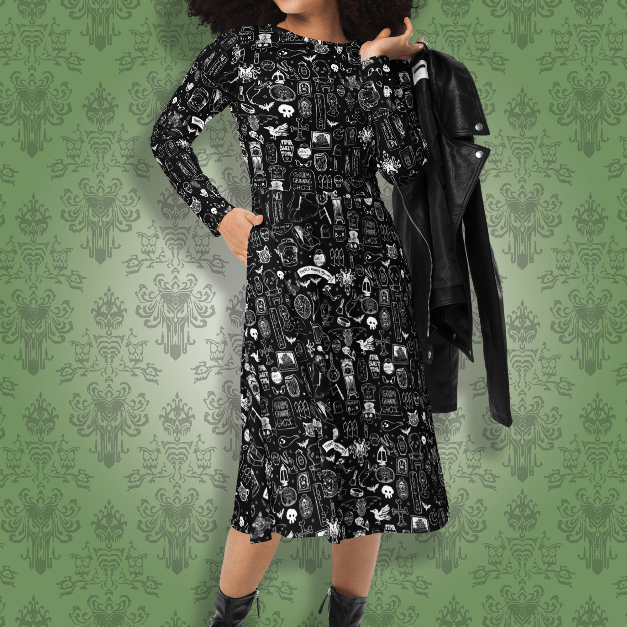 Haunted Doodles Long Sleeve Midi Dress | Park Candy